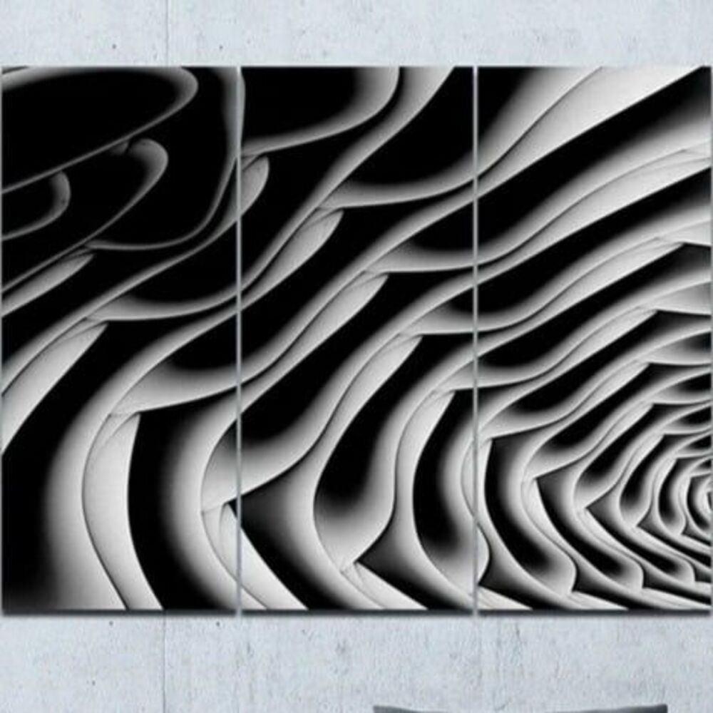 3 Panel Fractal Abstract Floral Wall Art - Black/White Abstract Art ~36"x28"